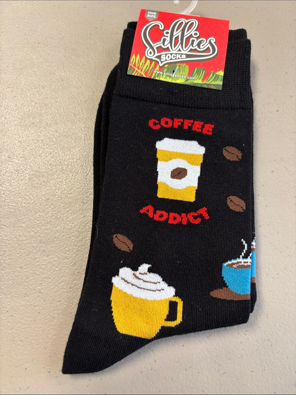 Sillies Coffee Addict Novelty Crew Socks - Black with Yellow & Blue Accents